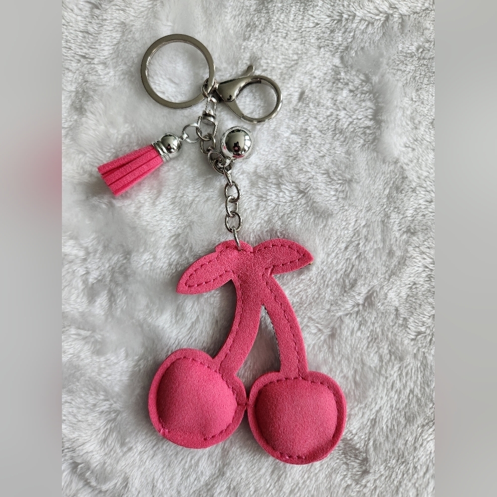 Pink Rhinestone Cherry Keychain Bag Charm - Picture 3 of 3
